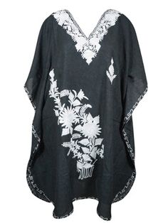 Womens Black Caftan Dress, Gift For Her, Beach Embroidered Short Dresses L-2X, Introducing our Womens Black Caftan Dress, the perfect gift for her. This versatile dress is perfect for the beach with its black embroidered design and comes in sizes L-2X. Easy to wear and flattering for all body types. Give the gift of style and comfort with our caftan dress. Crafted from breathable cotton, this kaftan ensures enduring comfort for extended wear. Following the mid-length design of the boho caftan st Black Folk Style Beach Dress, Black Embroidered Kaftan For Vacation, Summer Black Kaftan With Floral Embroidery, Traditional Black Dress For Vacation, Black Floral Embroidered Kaftan For Festivals, Black Bohemian Dress With Chikankari Embroidery, Black Caftan, Embroidered Short Dress, Boho Caftan