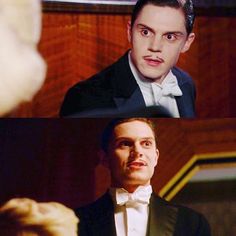 two different pictures of the same man in tuxedo and bow tie, one is surprised