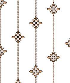 a white and brown beaded curtain with flowers on the beads hanging from it's sides