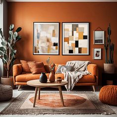 an orange living room with two paintings on the wall and a coffee table in front of it