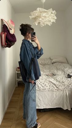 Demin Button Down Shirt Outfit, Dark Denim Jacket Outfit Aesthetic, 86 Degree Weather Outfits, Haute Couture Aesthetic Outfits, Non Casual Outfits, Wider Hips Outfits, Film Set Outfit, White Pants Denim Shirt Outfit, Grampa Sweaters Aesthetic