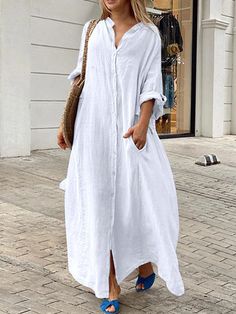 Women's White Dress Black Dress Casual Dress Maxi long Dress Button Pocket Classic Casual Daily Vacation Stand Collar Long Sleeve Fall Autumn Black White Plain 2024 - $35.99 Loose Maxi Dress Casual, Long White Shirt Dress, Long White Shirt, Mandarin Collar Dress, Sunscreen Clothing, Fresh Dress, Oversized Shirt Dress, Loose Maxi Dress, Breezy Dress