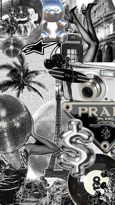 black and white collage with an old fashioned camera, mirror ball, palm trees, etc