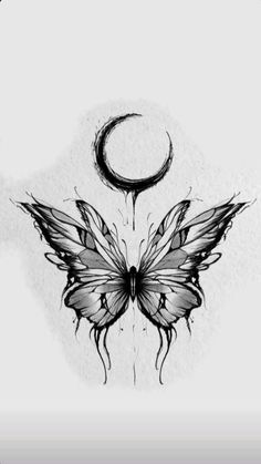 a black and white drawing of a butterfly with a half moon on it's back