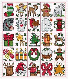 cross stitch pattern with christmas decorations and animals