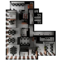 an overhead view of a kitchen and living room in one floor plan, with the dining area separated by two separate rooms