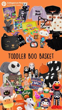 an orange background with lots of halloween items and the words toddler boo basket