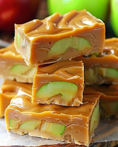 pieces of caramel apple fudge stacked on top of each other