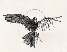 a black and white drawing of a bird with its wings spread out in front of the sun