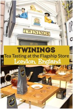 two tables with tea bags on them and the words twinings tea tasting at the flagship store london, england