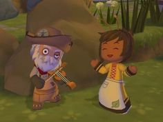 two animated characters are standing in the grass near some rocks and trees, one is holding a violin