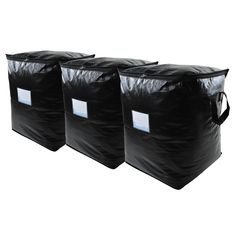 three black bags with white labels on them