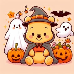 a teddy bear dressed up as a witch with two ghost's and pumpkins