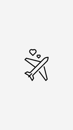 a black and white drawing of an airplane with hearts on the tail, flying in the sky