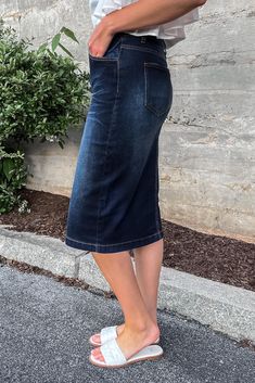 Apostolic Clothing, Girls Denim Skirts, Denim Skirts Knee Length, Elastic Waistband Skirt, Denim Hoodie, Cute Wedges, Semi Casual, Blue Denim Skirt, Indigo Denim