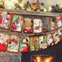 a christmas banner hanging over a fire place