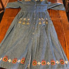 Myo Pion Button Up Denim Dresses W Hand Painted Bear Back And And Center And Geometric Designs. Painted Bear, Denim Button Up Dress, Denim Dresses, Button Up Dress, Geometric Designs, Denim Dress, Denim Button Up, Colorful Dresses, Button Up