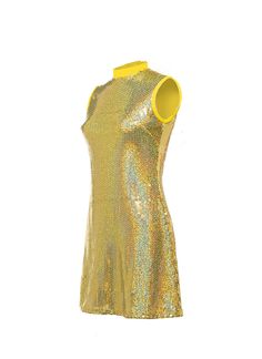 This gorgeous Yellow Spotlight Sewn-On Sequin Show Choir Dress has roomy hips to hem so dress stays down while dancing. Flattering cut gives no-cling shape and strong coil zipper assists in quick costume changes. Add a 4-row stretch rhinestone trim to neckband for total effect! Limited edition material. Show Choir Dress Features Sturdy zipper in back from hips to top of collar for fast on/off Comfortable binding around armholes Lined in soft knit polyester Includes color-matching high waist brie Gold Sequin Stretch Dress, Yellow Fitted Dress For Party Season, Spring Sleeveless Stretch Sequin Dress, Spring Gold Stretch Mini Dress, Yellow Stretch Dress For Night Out, Yellow Sequined Dress For Spring, Gold Stretch Summer Dress, Gold Stretch Dress For Fall, Sequin Sleeveless Mini Dress For Fall