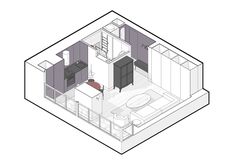 an overhead view of a bedroom and living room