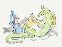 a drawing of a child riding on a green dragon with a wizard's hat