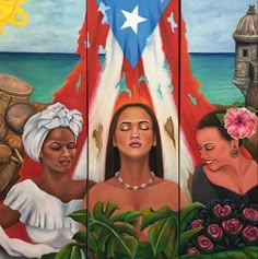 three women are standing in front of a painting with the american flag on it, and one woman is holding flowers