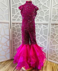 Hot Pink Sparkly Jumpsuit Pageant Outfit Girls Sequins Organza - Etsy Glitz Pageant Outfit Of Choice, Modest Wedding Dresses Ball Gown, Pageant Mom, Sequin Flower Girl Dress, Glitz Pageant, Kids Pageant, Glitter Jumpsuit, Sparkly Jumpsuit, Pageant Outfits