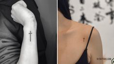 two photos one with a cross on the left and another with a tattoo on the right