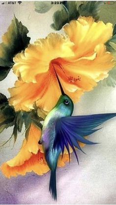 a painting of a hummingbird with yellow flowers on it's back and wings