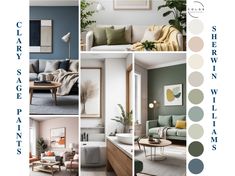 a collage of living room and dining rooms with blue, green, yellow, gray and white colors