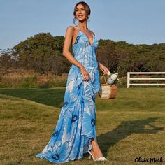 Olivia Mark - Vestido de verano bohemio con cuello en V vacaciones en la playa halter impreso gasa gran dobladillo tipo vestido Summer Flowy V-neck Halter Dress, Flowy V-neck Halter Dress For Beach, V-neck Chiffon Maxi Dress With Print, Printed Chiffon V-neck Maxi Dress, Flowy V-neck Sundress For Vacation, Flowy Halter Dress For Beach Season, Summer Chiffon Dress For Beach Wedding, Summer V-neck Halter Dress, Flowy V-neck Halter Summer Dress