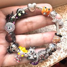 Halloween Sterling Silver S925 Bracelet Includes 16 Charm Ella Jane, Halloween Charm Bracelet, Evil Eye Hand, Dragonfly Bracelet, Animal Bracelet, Halloween Bracelet, Halloween Charms, Vintage Bangles, Pandora Silver