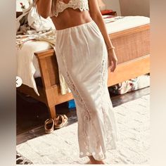 Free People Slip Butterfly Lace Skirt White Chic White Maxi Skirt For Beach, Chic White Maxi Skirt For The Beach, White Summer Maxi Skirt For Brunch, White Flowy Skirt For Vacation, White Skirt For Brunch During Beach Season, White Maxi Skirt For Beach Vacation, Fitted White Maxi Skirt For The Beach, Casual White Maxi Skirt For Brunch, Casual White Maxi Skirt For Beach