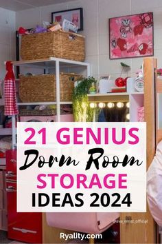 a woman standing in front of a desk with the words 21 genius down room storage ideas