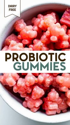 a white bowl filled with gummy bears and the words probiotic gummies above it