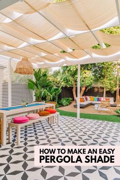 an outdoor patio with white pergola shade on the roof and black and white checkered flooring