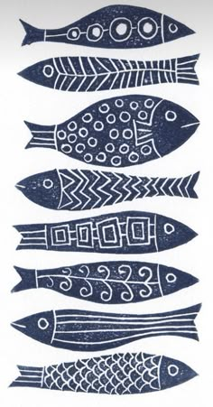 four different types of fish on a white paper with blue ink in the shape of an arrow