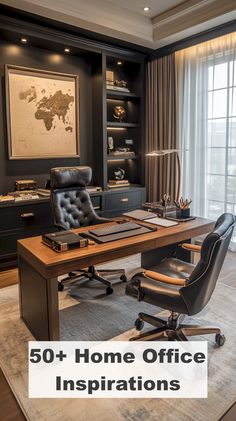 a home office with black leather chairs and a wooden desk in front of a large window