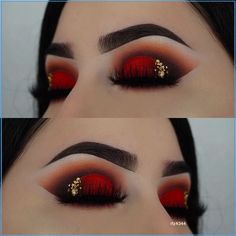 Red Black And Gold Eyeshadow, Red And Gold Wedding Makeup, Red And Black Wedding Makeup, Red Quinceanera Makeup Looks, Red Black And Gold Makeup, Red Makeup With Gems, Red And Gold Makeup Looks For Prom, Red Gold Eye Makeup, Red And Black Wedding Nails