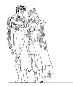 a drawing of two people dressed as batman and catwoman standing next to each other