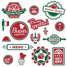 italian food labels and stickers are shown in red, green and white colors on a white background