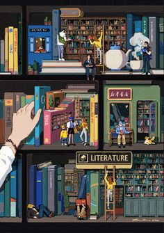 a hand is pointing at bookshelves with people in them