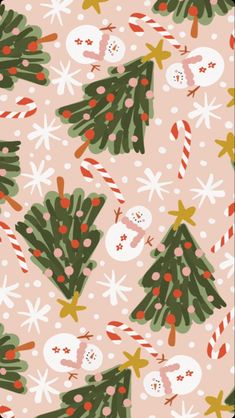 a pink background with christmas trees and candy canes on it's sides, including snowmen