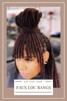 How To Style Dreads Black Women, Faux Loc Bangs, Loc Knot Bangs, Women Dread Styles, Loc Bun With Bangs, Dreadlock Bangs, Bangs With Locs, Loc Bangs Styles, Loc Styles With Bangs