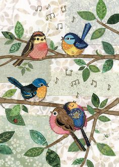 three birds sitting on top of a tree branch with musical notes in the background and leaves