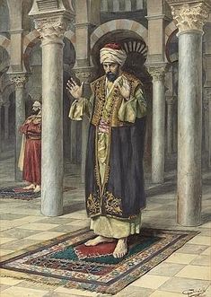 a painting of a man standing on a rug in front of pillars with his hands together