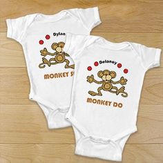 The twins will be ready for a fun and playful day when they wear their stylish Personalized Twin Infant bodysuits. Get ready for an action packed day, full of monkeying around with Mom and Dad. Our Personalized Twin Infant bodysuit is available on our Fitted Onesie With Character Print For Playwear, Fitted Fun Bodysuit For Playwear, Fun Fitted Bodysuit For Playwear, Fitted Character Print Onesie For Playwear, Customizable Fitted Playful Onesie, Fitted Cartoon Print Bodysuit For Playtime, Playful Character Print Bodysuit For Playwear, Fun Cartoon Print Bodysuit For Playtime, Cartoon Print Bodysuit For Playtime