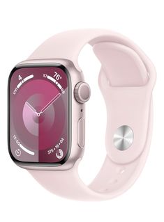 the apple watch series 4 is shown in pink and silver, with a white band