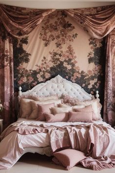 a large bed sitting under a window covered in pink and white curtains with flowers on it