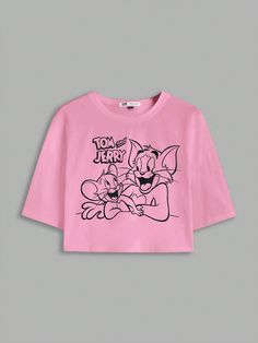 Pink Casual Collar Short Sleeve Knitted Fabric Animal,Cartoon,Figure,Letter  Embellished Slight Stretch  Women Clothing Oversized Trendy Cropped T-shirt With Crew Neck, Trendy Oversized Cropped T-shirt With Crew Neck, Trendy Oversized Crew Neck Cropped T-shirt, Oversized Cartoon Print Crew Neck Top, Oversized Spring Tops With Cartoon Print, Oversized Cartoon Print Graphic Tee, Oversized Pink Top With Cartoon Print, Trendy Oversized Top With Cartoon Print, Cute Oversized Pink Top