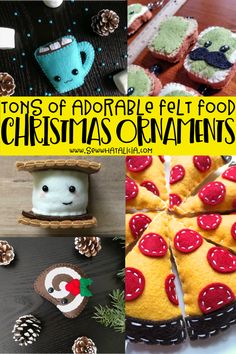 there are pictures of different food items on the table with text overlay that reads tons of adorable felt food christmas ornaments